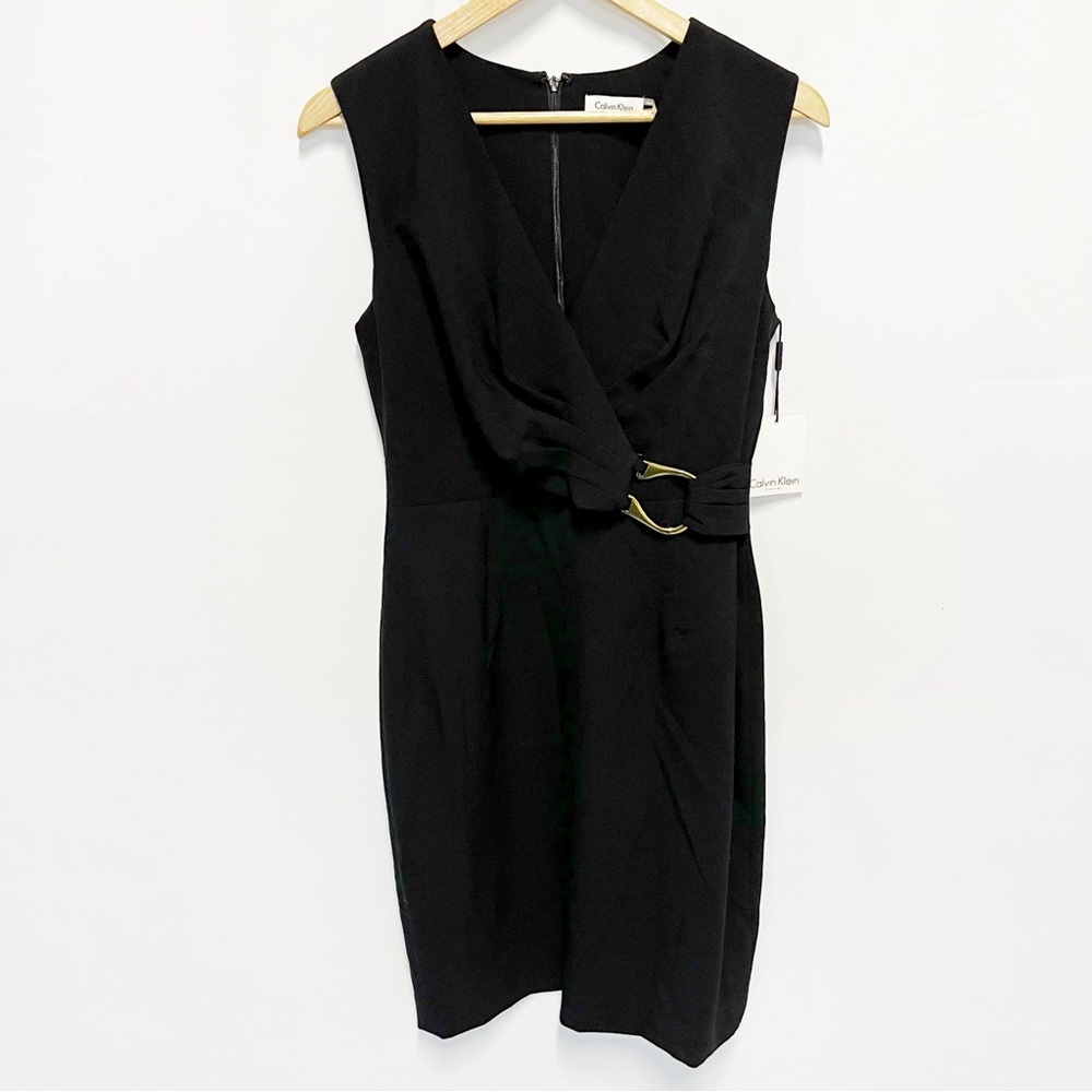 Calvin Klein CD4X1HCL Black Gold Buckle Faux Wrap Sleeveless Sheath Dress Size 8